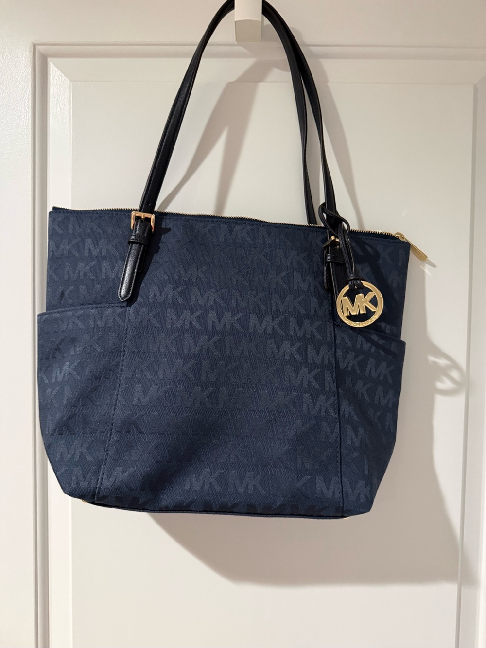 Michael Kors Navy MK Jacquard Tote with Gold Logo Charm